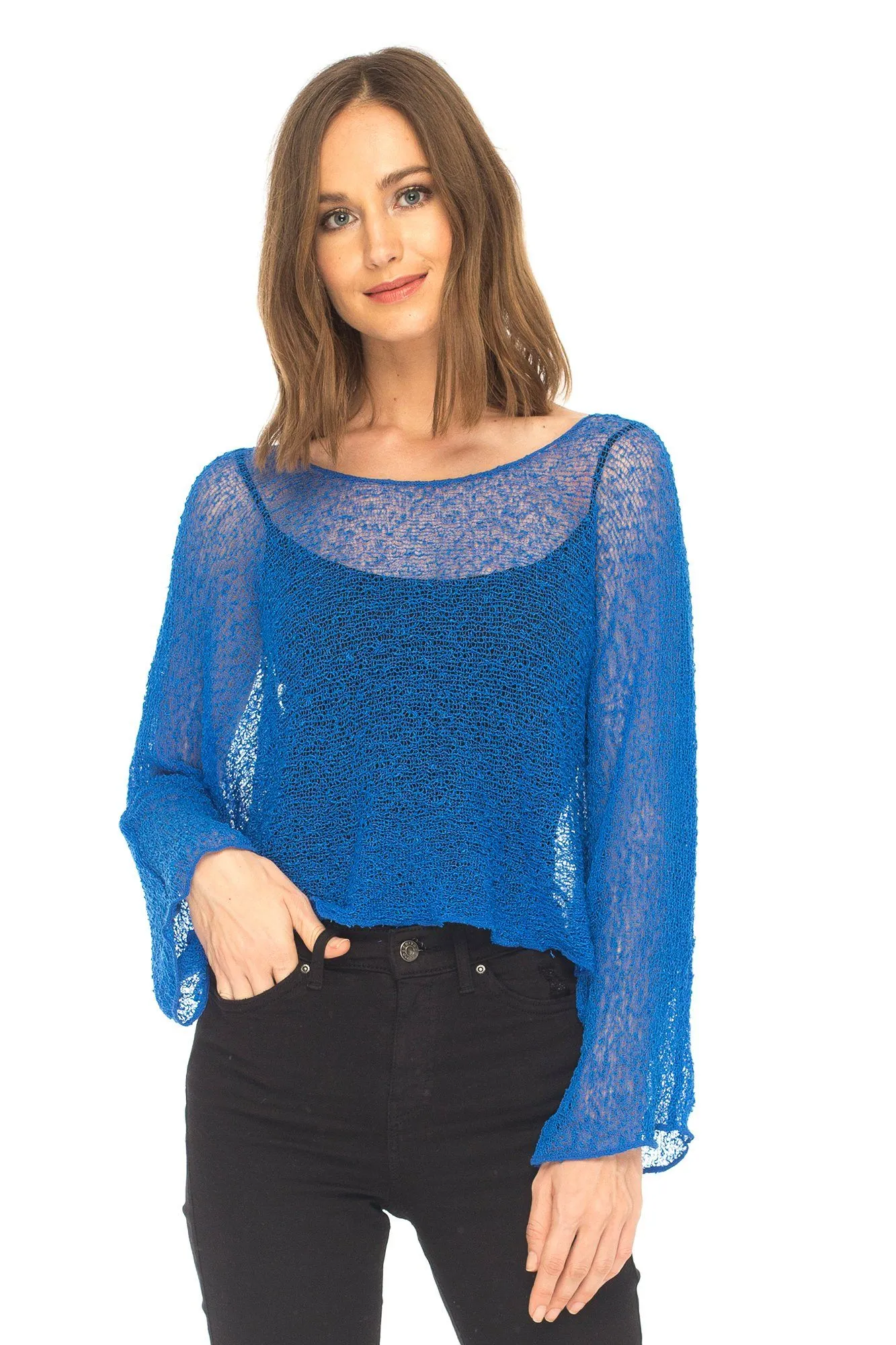 SHU-SHI Womens Sheer Blouse Top Knit Lightweight Shrug Sweater Poncho