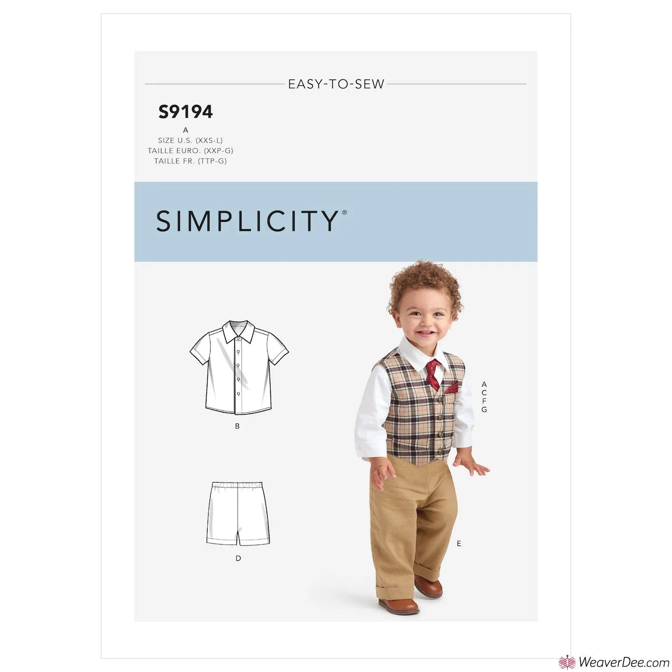 Simplicity Pattern S9194 Infants' Vest, Shirt, Shorts, Pants, Tie & Pocket Square