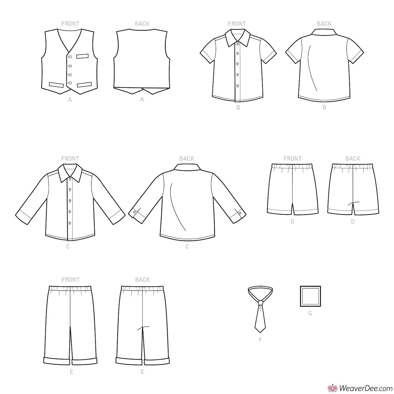 Simplicity Pattern S9194 Infants' Vest, Shirt, Shorts, Pants, Tie & Pocket Square