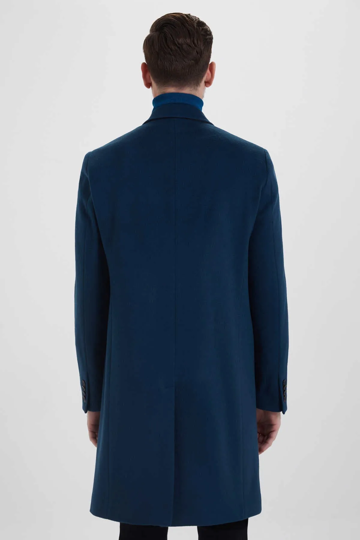 Slim Fit Cachet Peaked Lapel Enamel Blue Wool Blend Overcoat