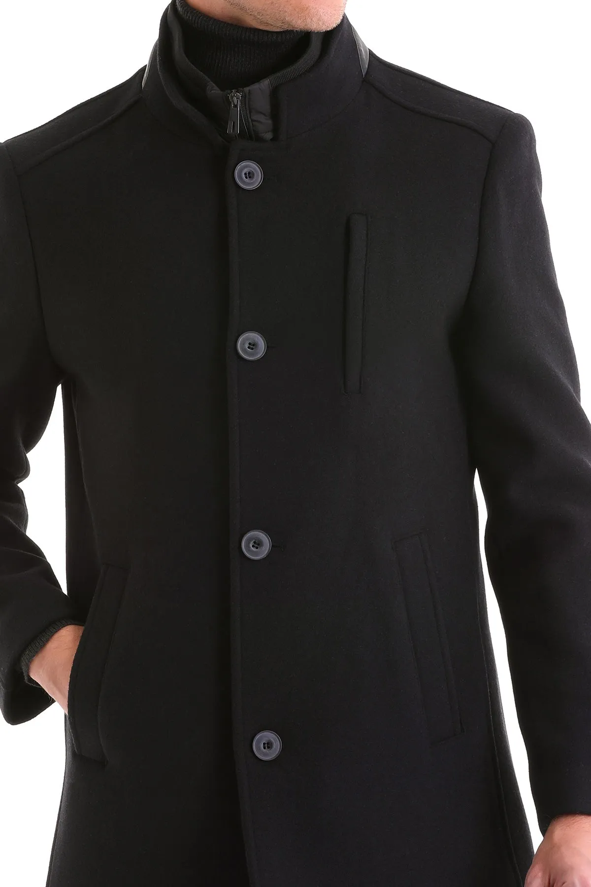 Slim Fit Cachet Stand Collar Black Wool Blend Overcoat