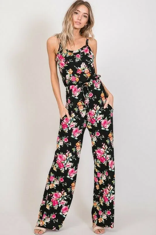 Soft Cami Style Bright Floral Jumpsuit Drawstring Pocket Womens Casual S M L