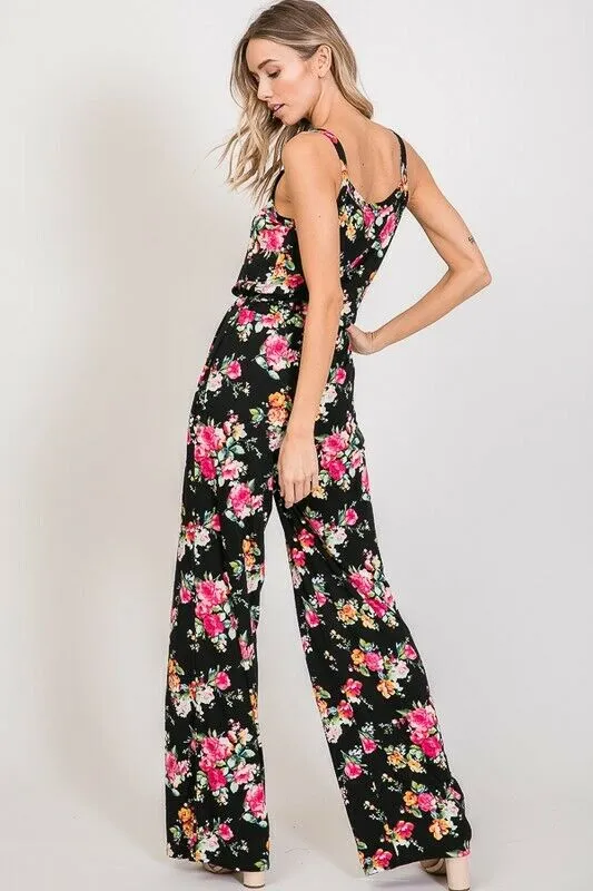 Soft Cami Style Bright Floral Jumpsuit Drawstring Pocket Womens Casual S M L