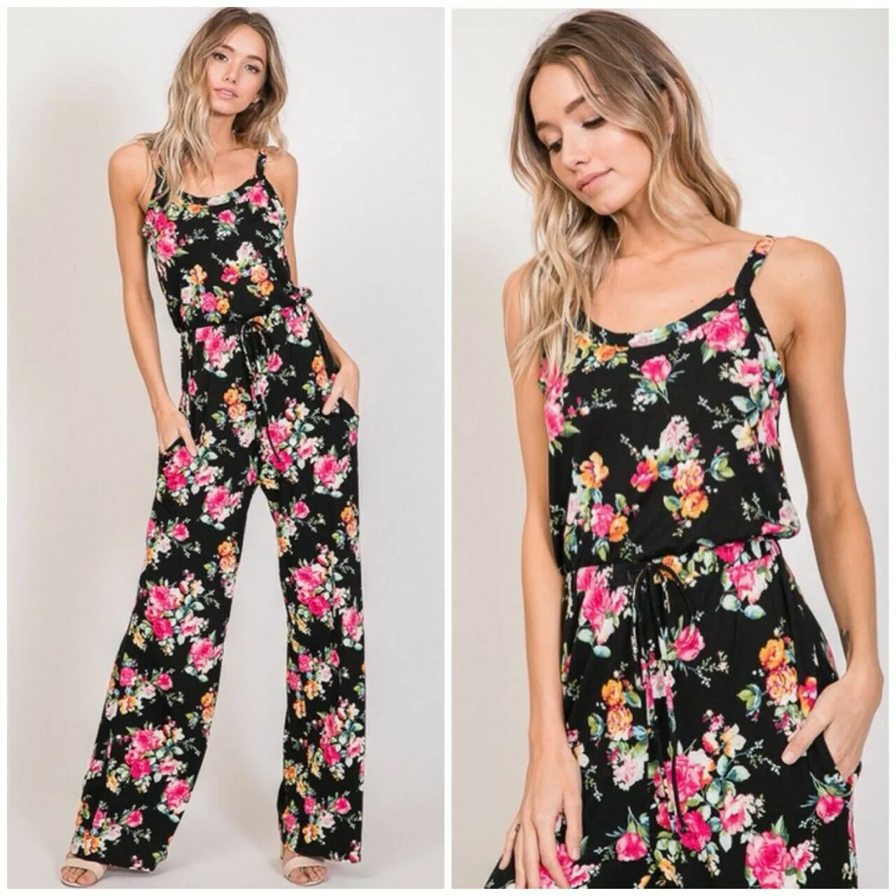 Soft Cami Style Bright Floral Jumpsuit Drawstring Pocket Womens Casual S M L