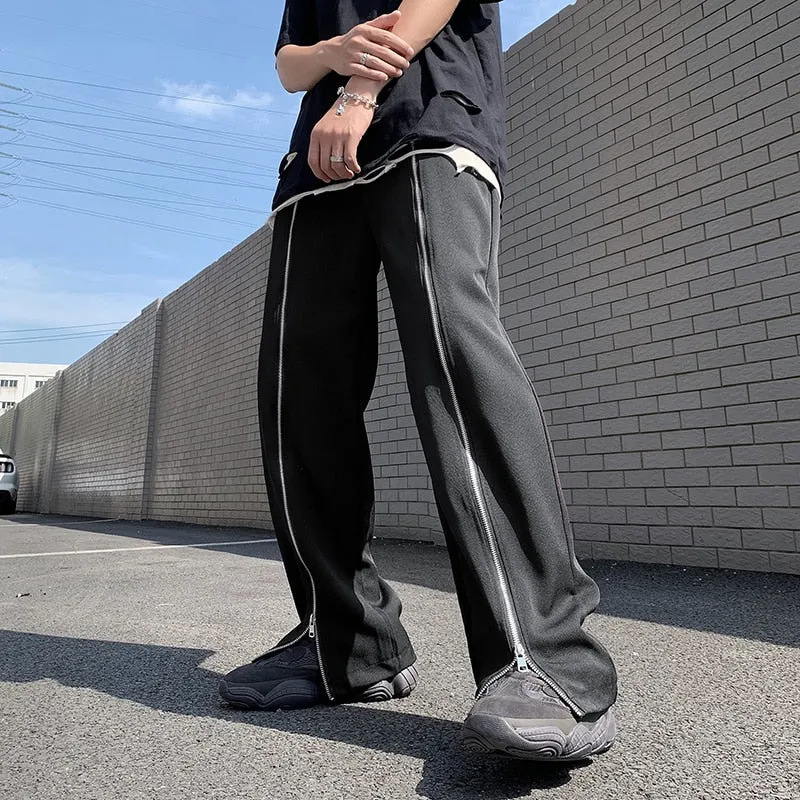 Solid Center Zipper Decorated Hip Hop Pants