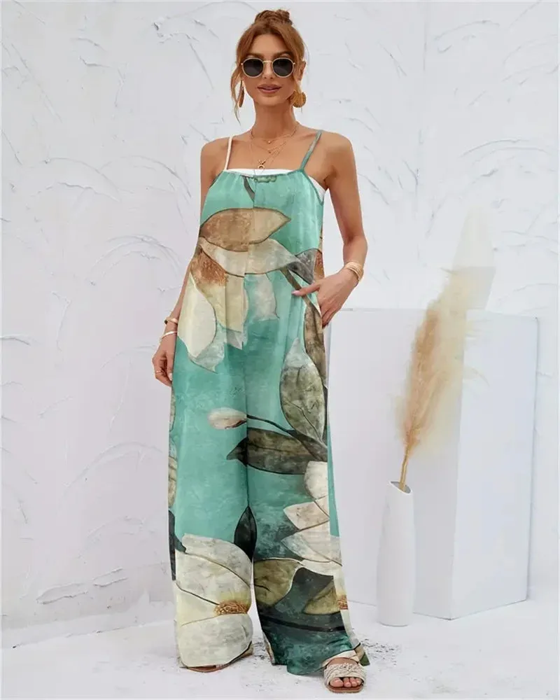 Spring and summer 2024 ladies digital printing color gradient sleeveless casual baggy jumpsuit