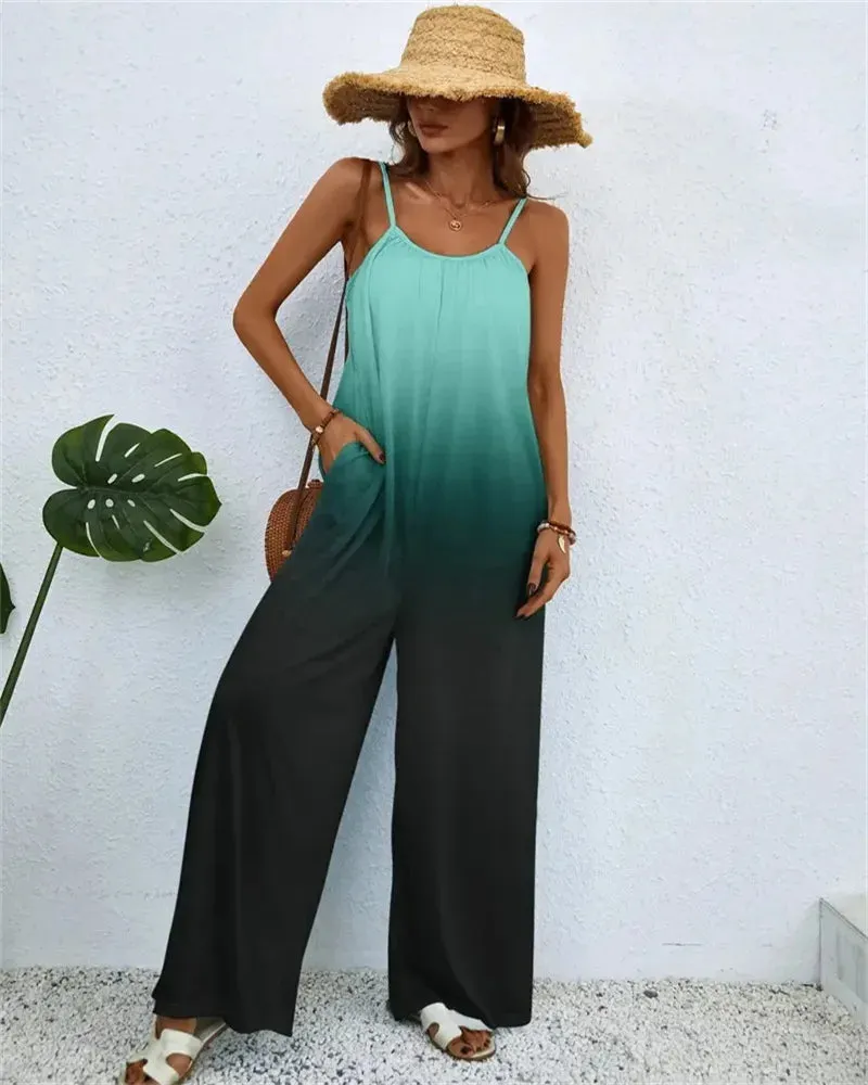 Spring and summer 2024 ladies digital printing color gradient sleeveless casual baggy jumpsuit