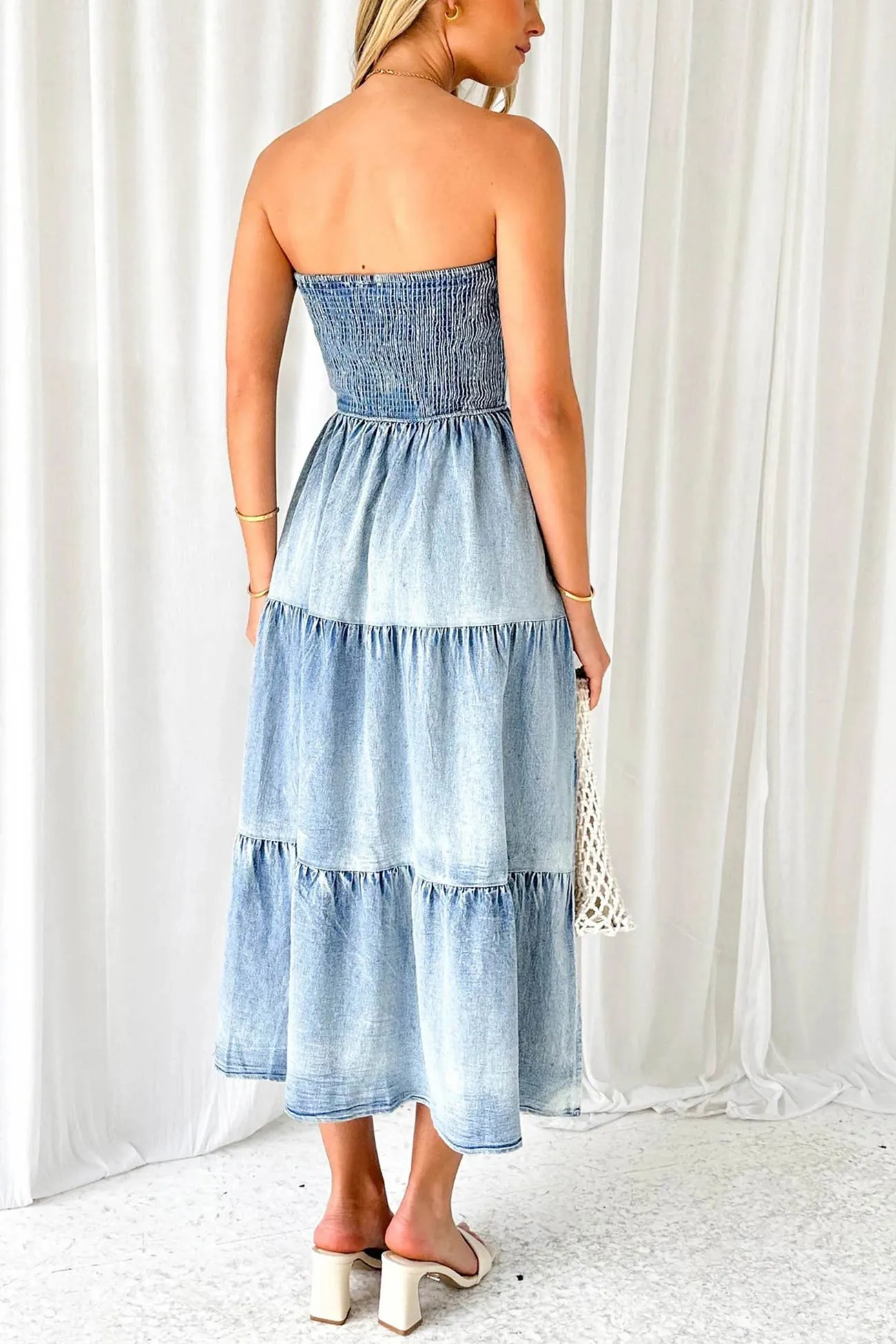 Strapless Tiered Slit Denim Dress