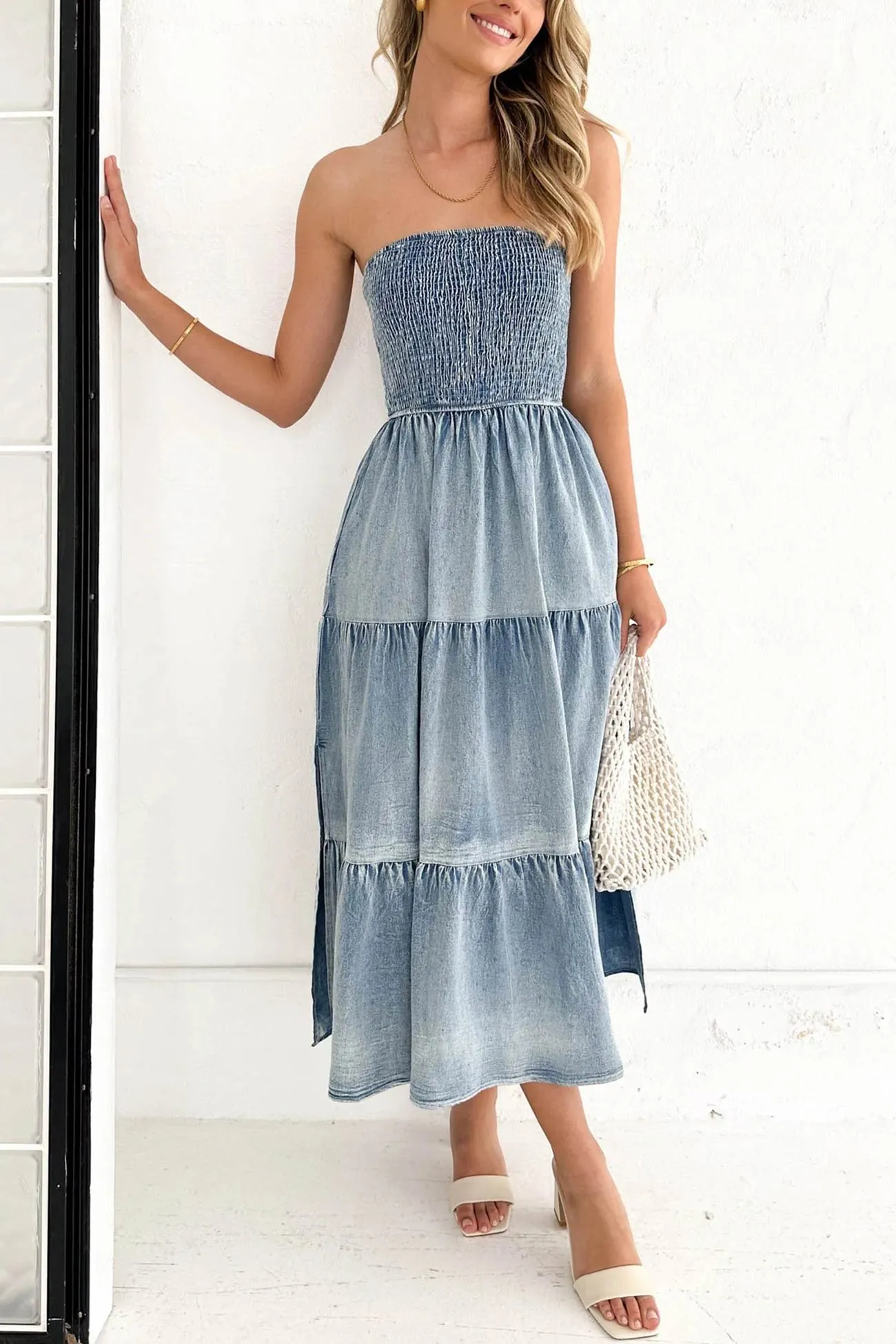 Strapless Tiered Slit Denim Dress