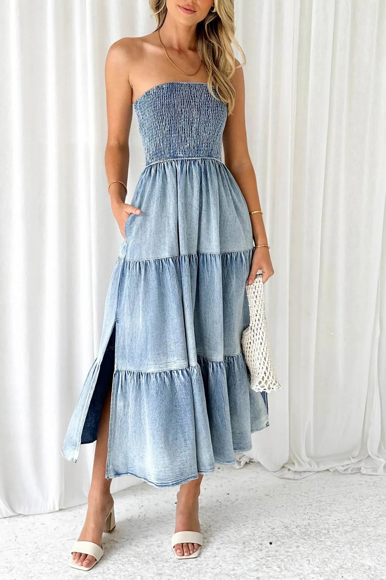 Strapless Tiered Slit Denim Dress