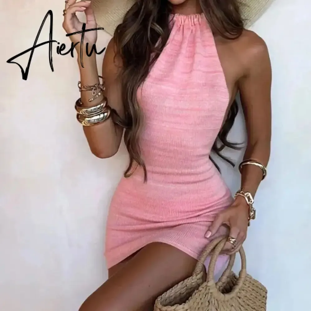 Summer Gradient Backless Knit Dress Women  New Mini Beach Party Halter Dress Holiday Slim Ladies Stretch Sweater Dress