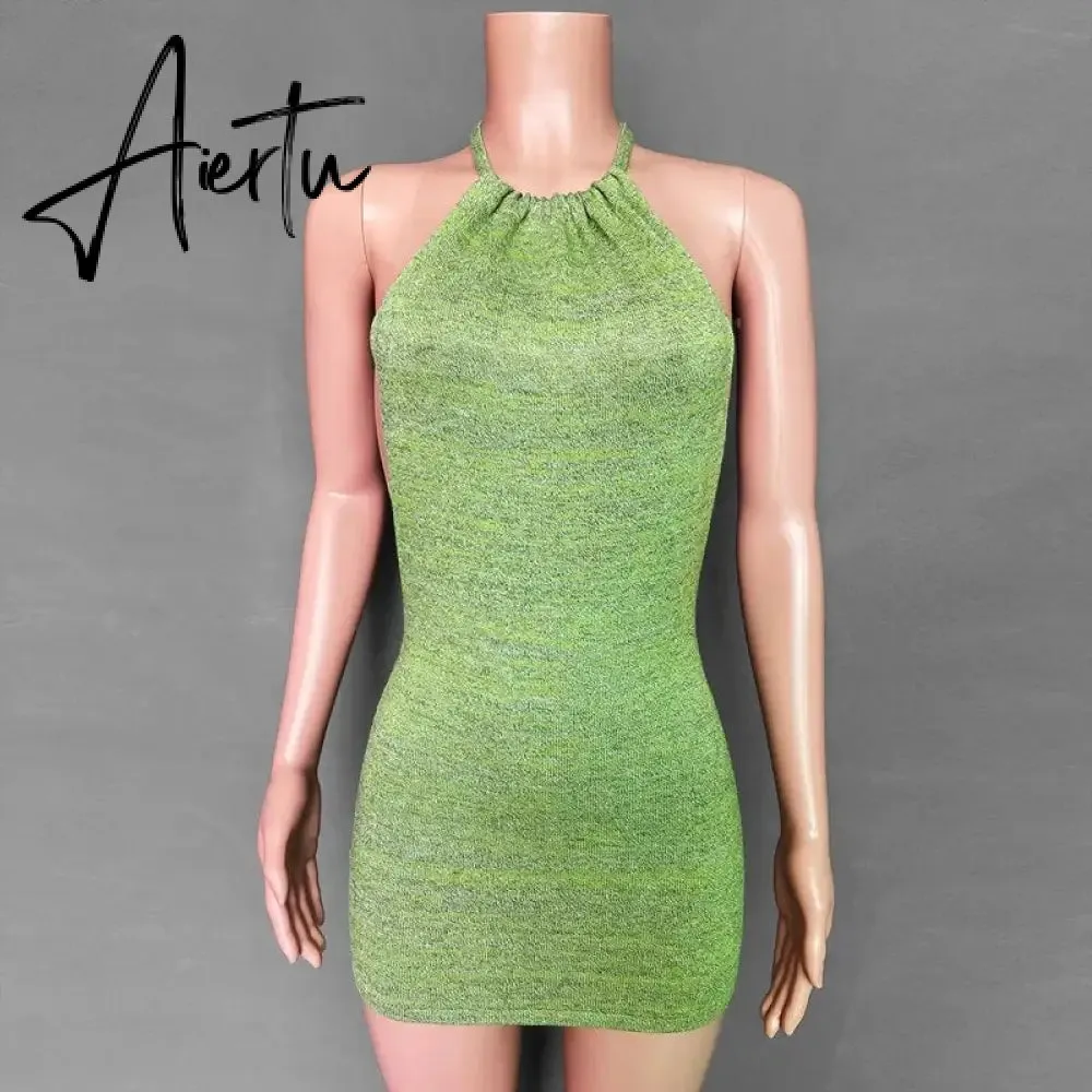 Summer Gradient Backless Knit Dress Women  New Mini Beach Party Halter Dress Holiday Slim Ladies Stretch Sweater Dress