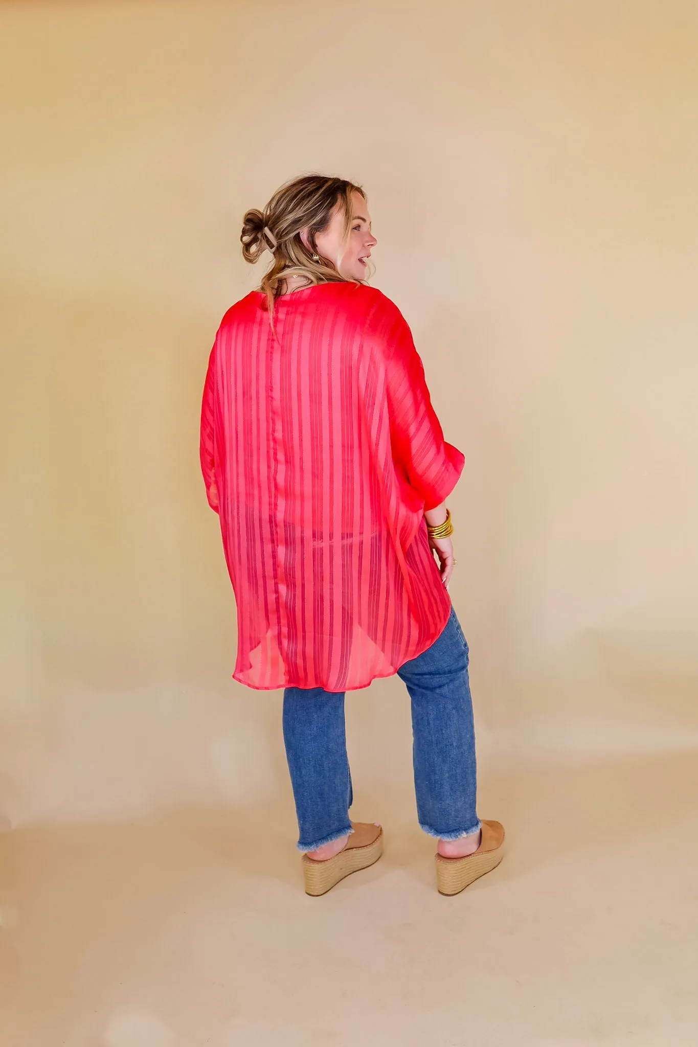 Sunset Horizon Striped Poncho Top with Metallic Detail in Coral Pink