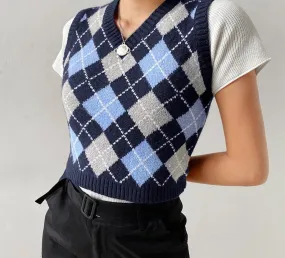 Sweater Vest Women  Black Sleeveless Plaid Knitted Crop Sweaters Casual Autumn Preppy Style tops V Neck Vintage