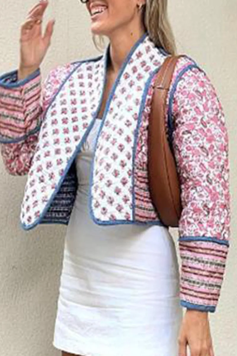 Sweet British Style Print Patchwork Cardigan Collar Outerwear