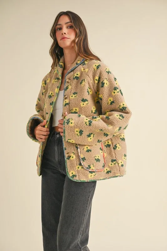 Taupe Floral Print Sherpa Jacket Contrast Piping Detail