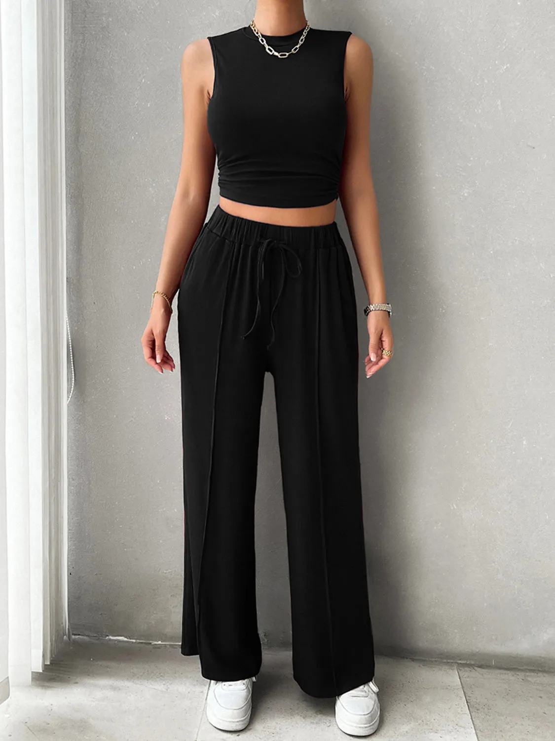 TEEK - Mock Neck Sleeveless Top Drawstring Pants Set