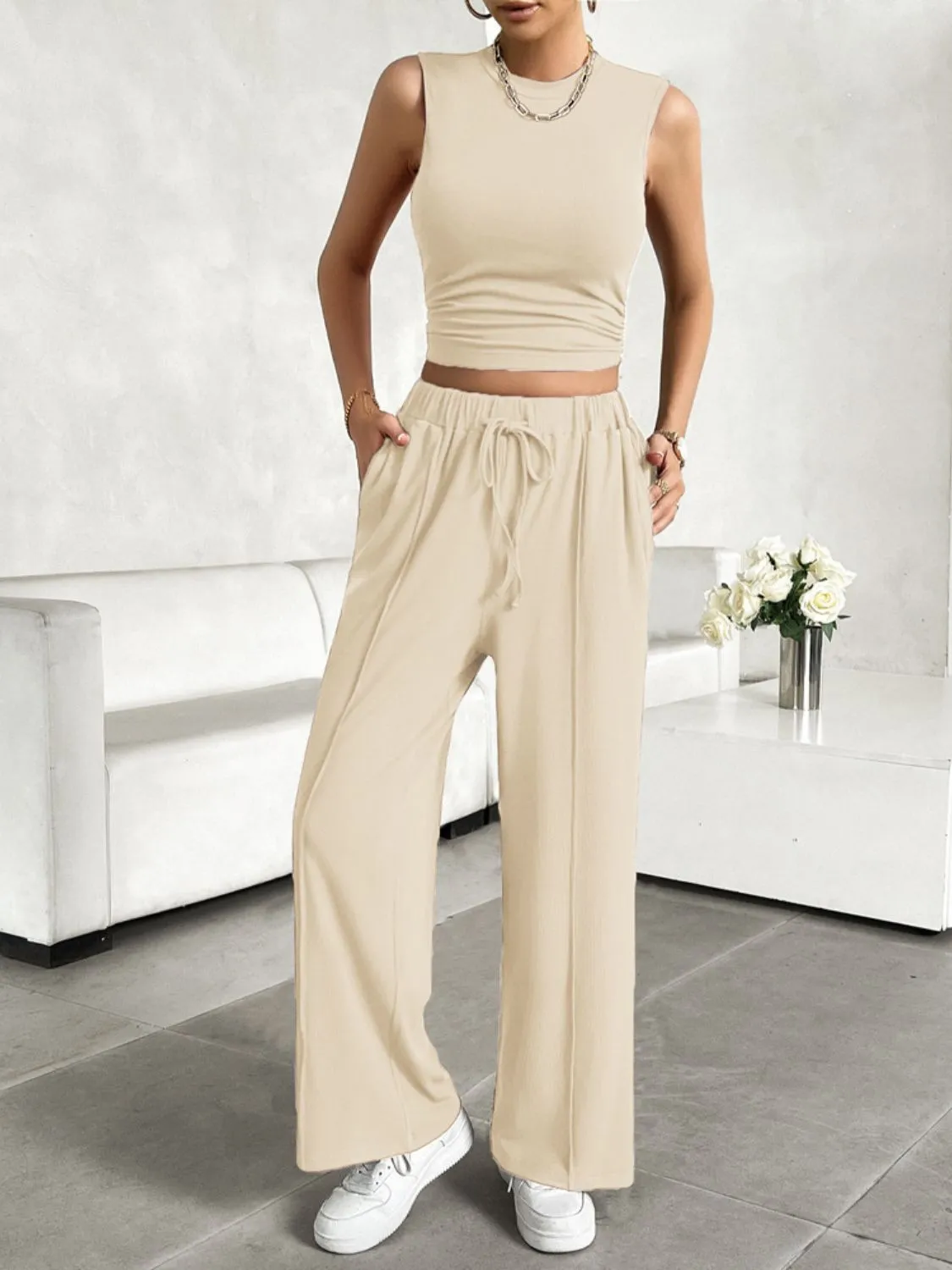 TEEK - Mock Neck Sleeveless Top Drawstring Pants Set