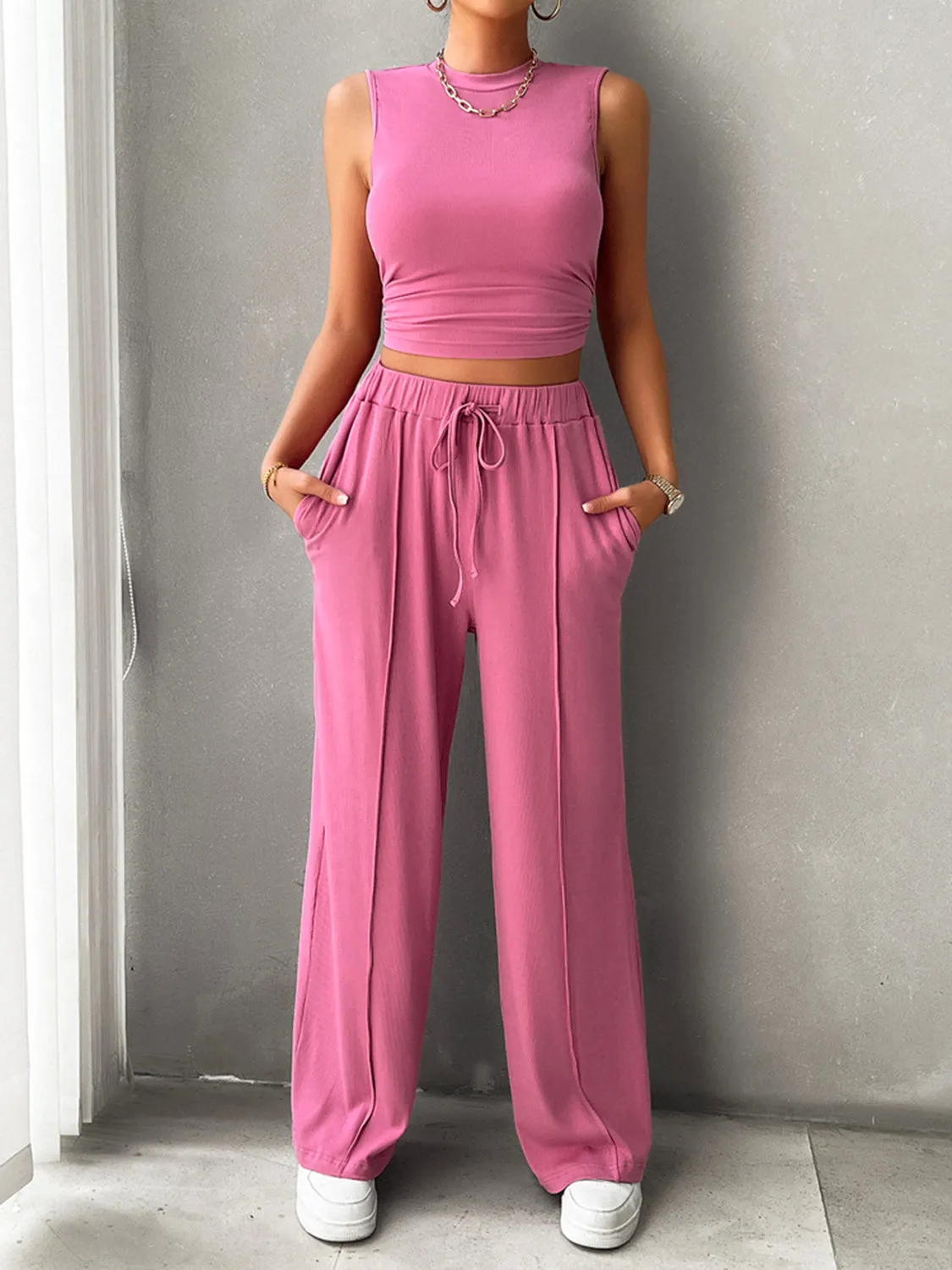 TEEK - Mock Neck Sleeveless Top Drawstring Pants Set