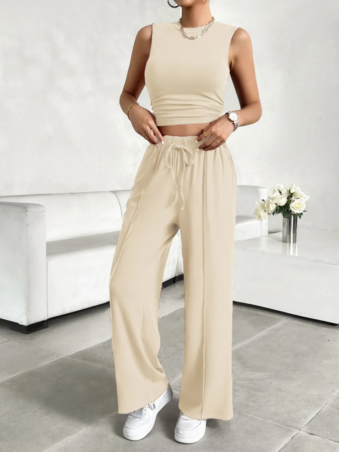 TEEK - Mock Neck Sleeveless Top Drawstring Pants Set