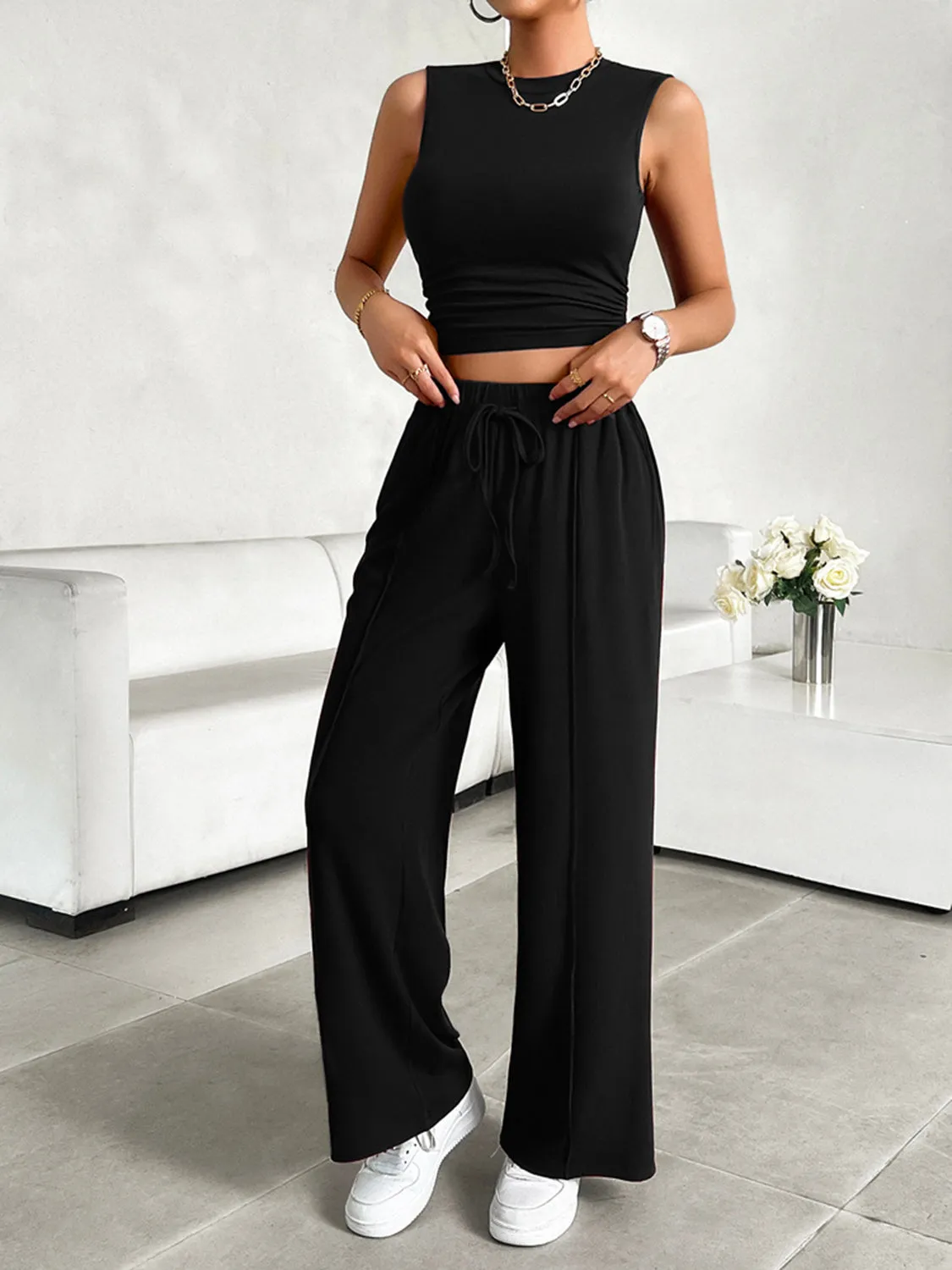 TEEK - Mock Neck Sleeveless Top Drawstring Pants Set