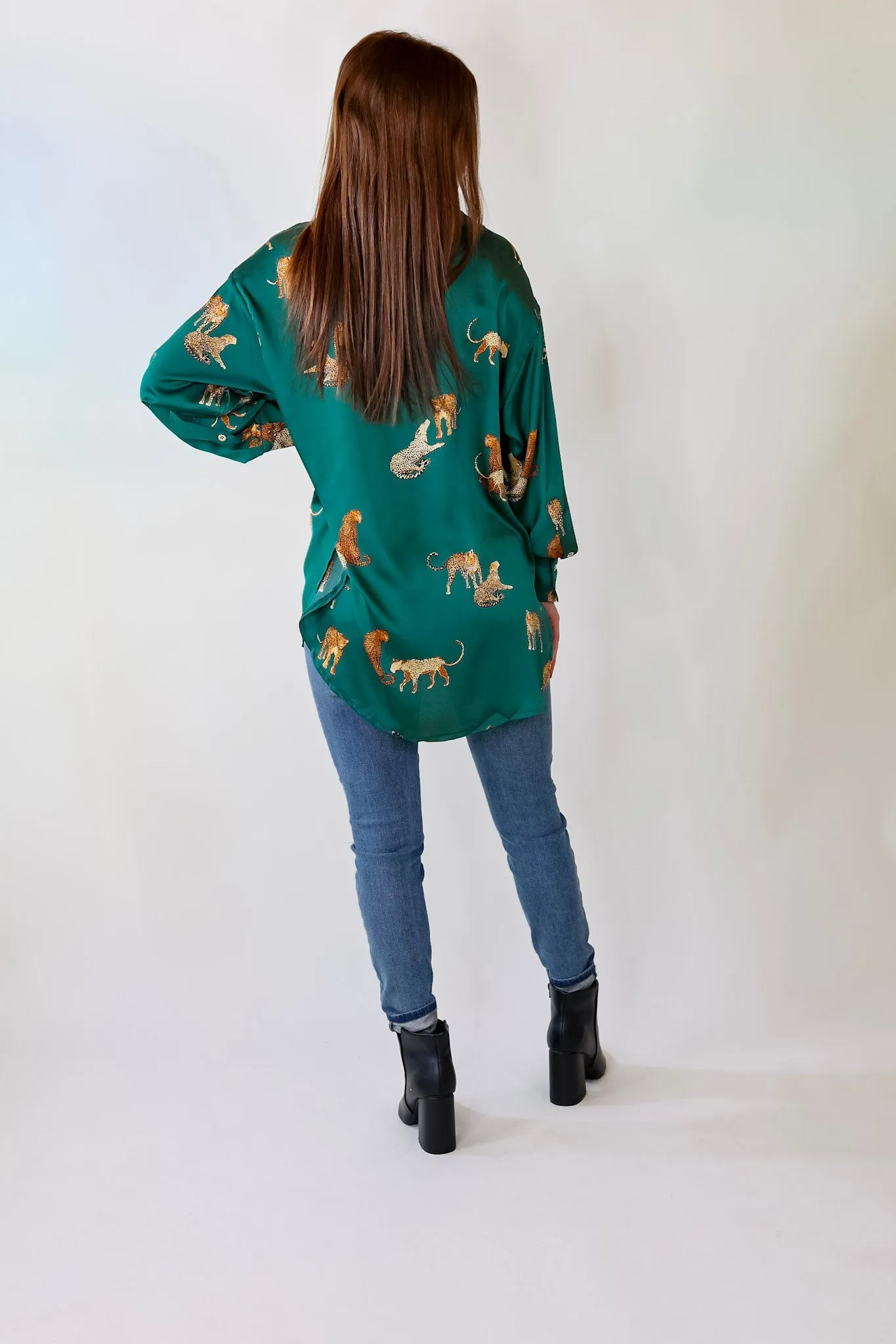 Tell Me Something Good Cheetah Print Long Sleeve Button Up Top in Hunter Green