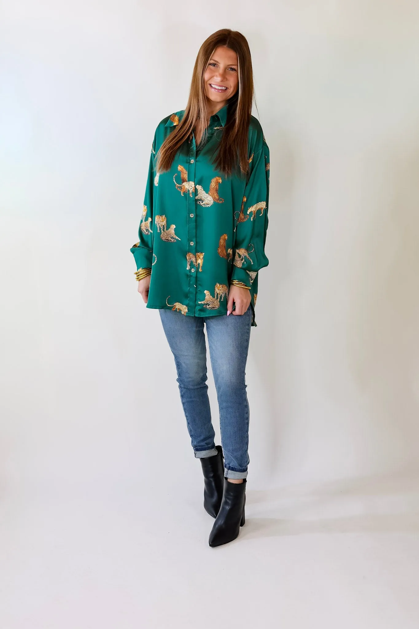 Tell Me Something Good Cheetah Print Long Sleeve Button Up Top in Hunter Green