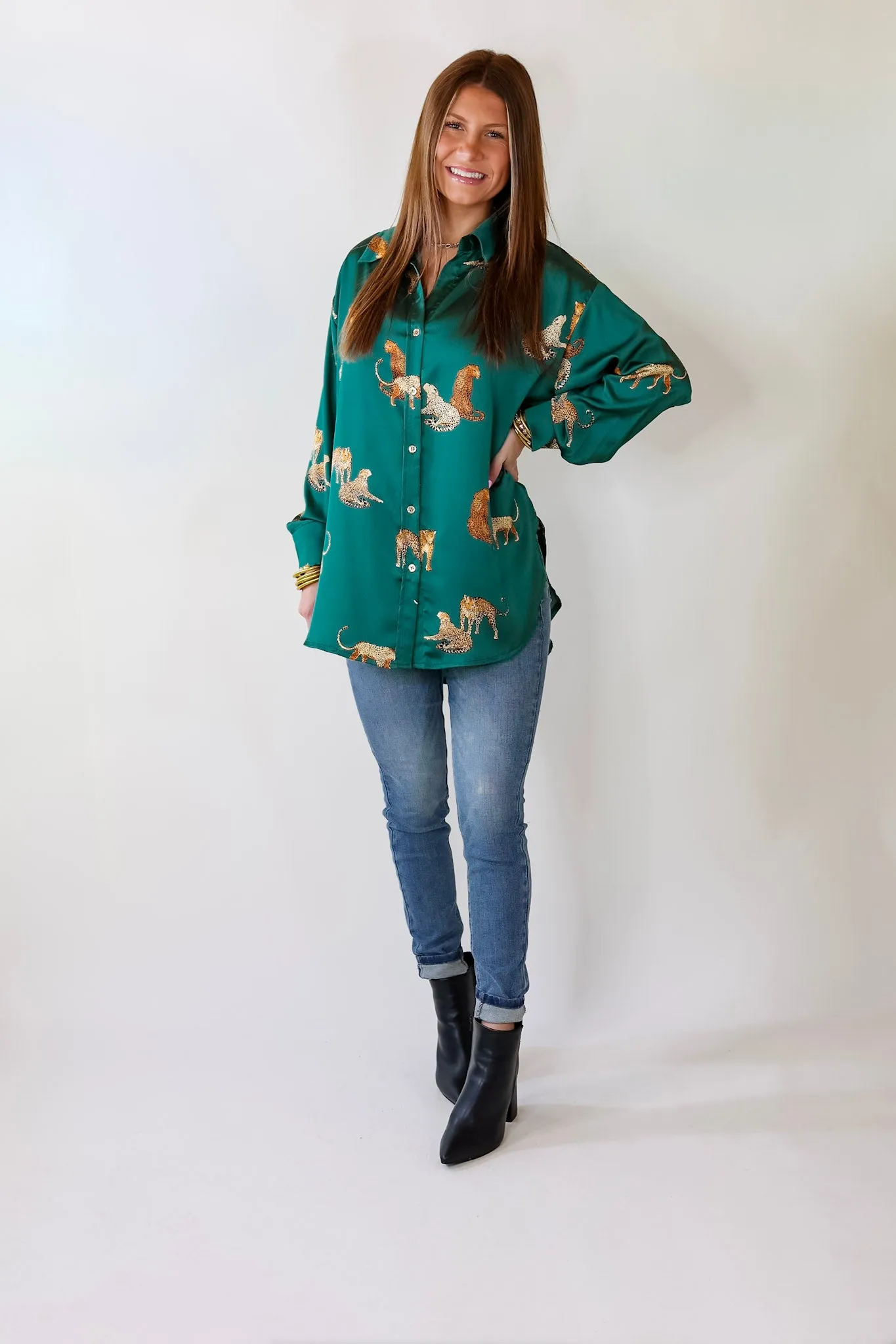 Tell Me Something Good Cheetah Print Long Sleeve Button Up Top in Hunter Green