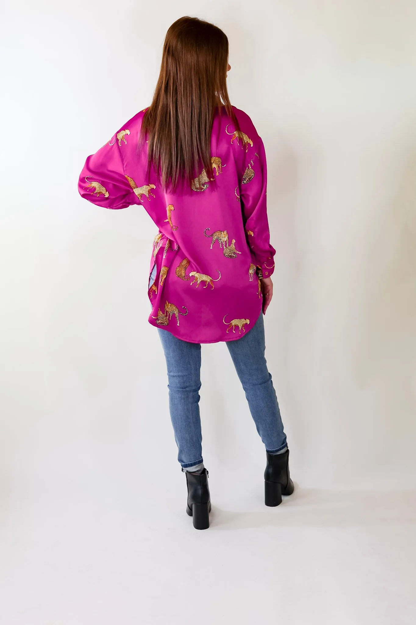 Tell Me Something Good Cheetah Print Long Sleeve Button Up Top in Magenta Pink