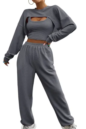 Three Piece Sports Set Crop Tank Top High Waist Jogger Sweatpants