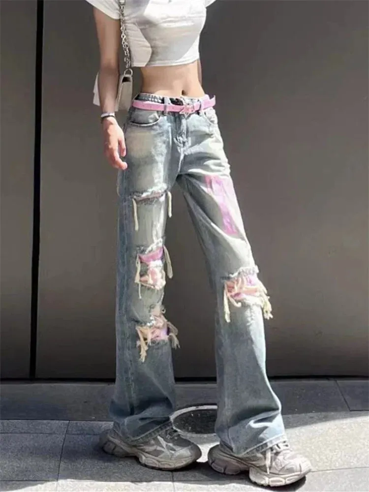 Toleet Blue Ripped Jeans for Women New Fashion Streetwear Slim Low Rise Jeans Chic Vintage Straight Full Length Wide Leg Jeans