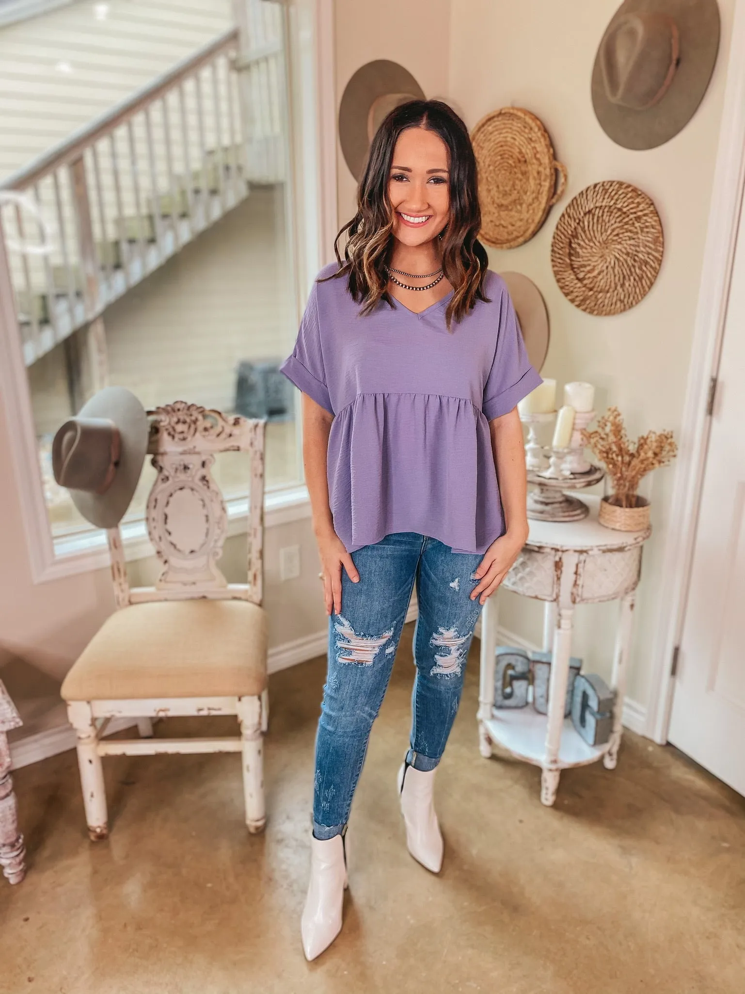 Touring the City Short Sleeve V Neck Babydoll Top in Dusty Lilac