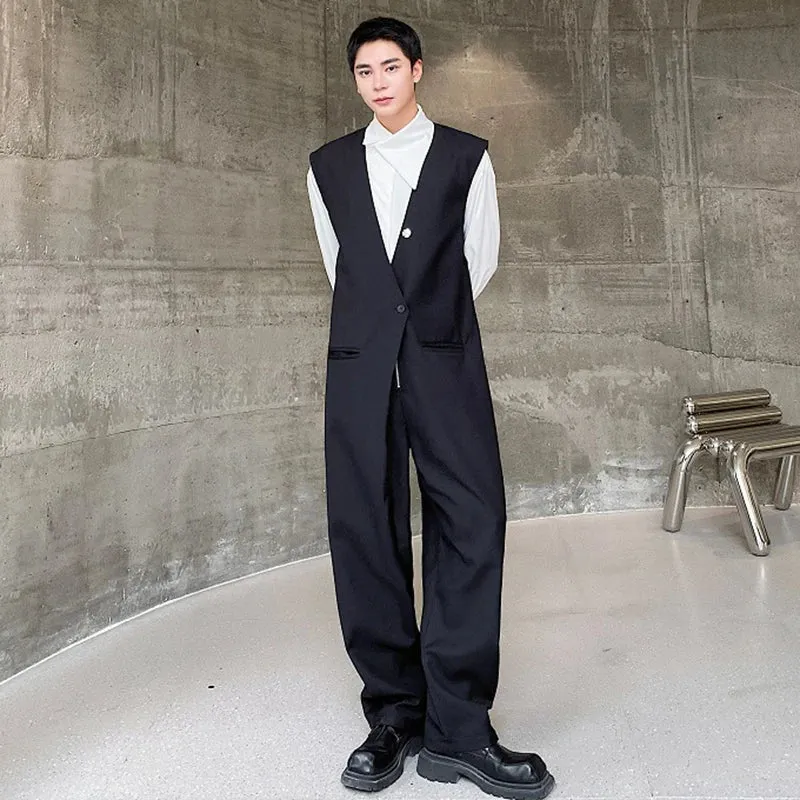 Trend Men's Vest Jumpsuit Korean Style Handsome Male Clothing Solid Color Fashion Streetwear Casual Pants Autumn 9C2351