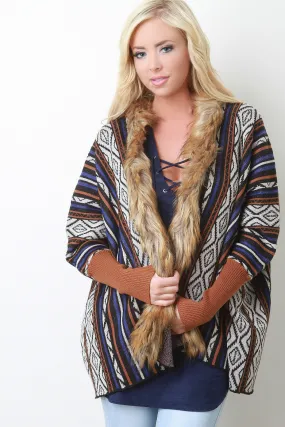 Tribal Stripe Fur Trim Dolman Cardigan