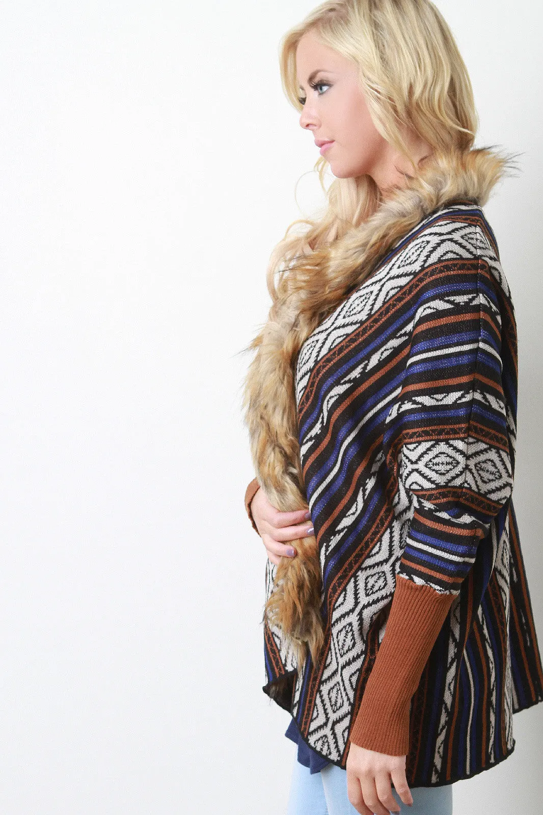 Tribal Stripe Fur Trim Dolman Cardigan