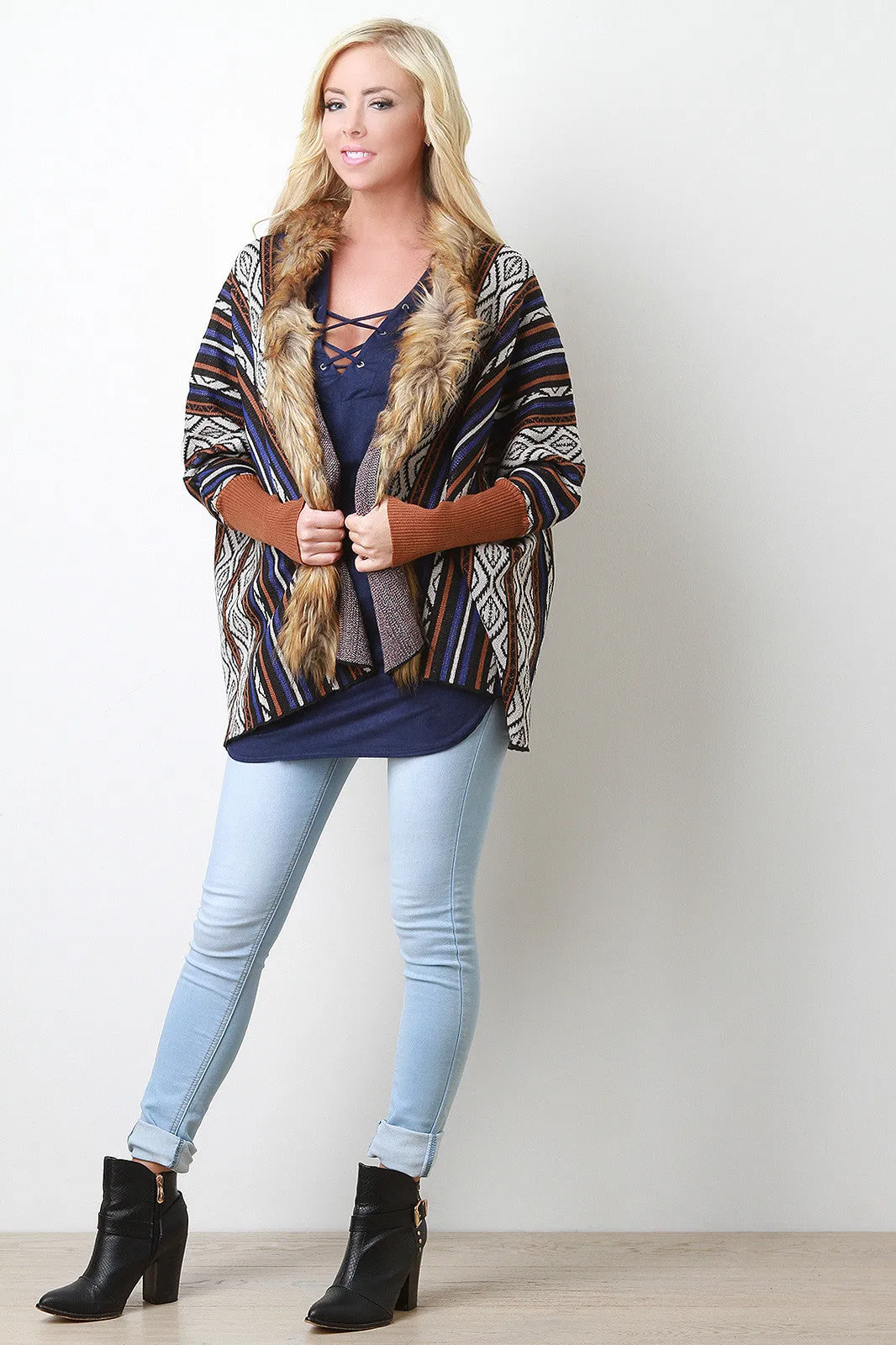 Tribal Stripe Fur Trim Dolman Cardigan