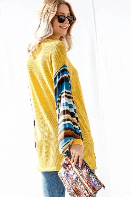 Tribal Striped Sleeve Knit Top, Mustard