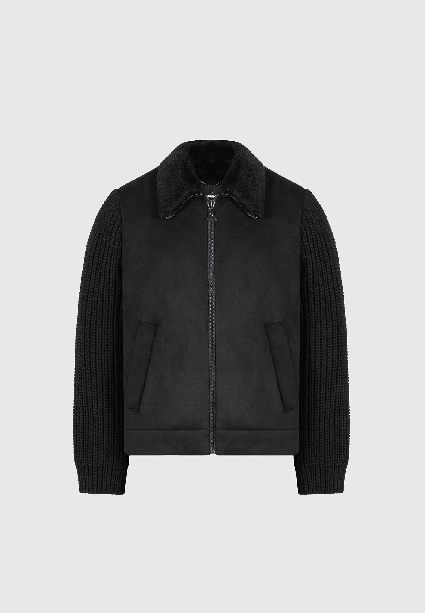 Vegan Suede Shearling & Knit Jacket - Black