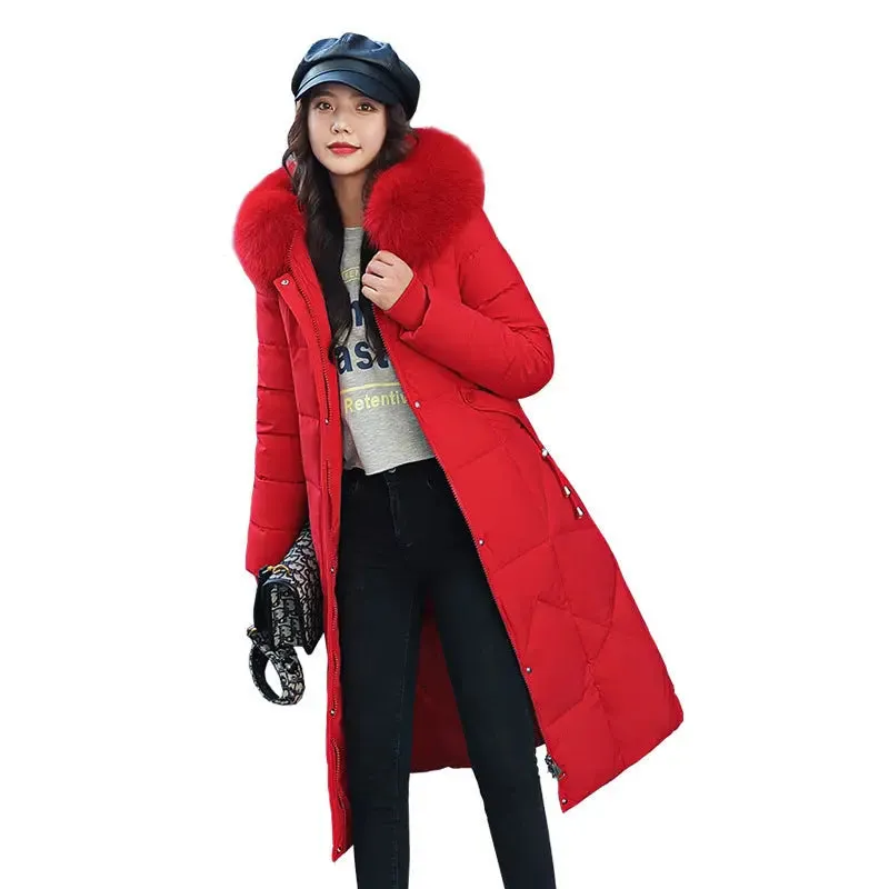 Waist-in-knee Padded Quilted Jacket With Thick Fur Collar