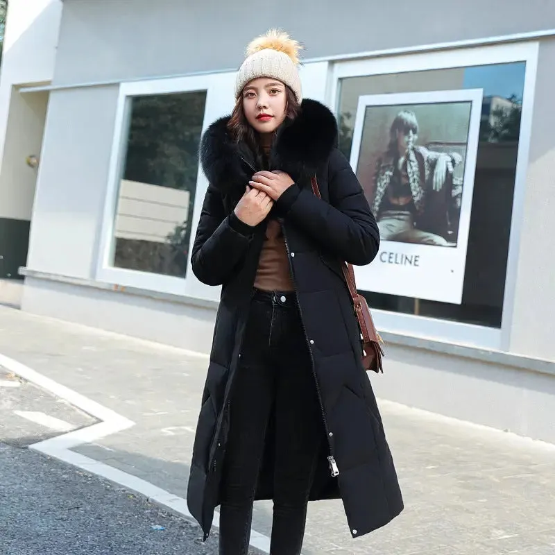 Waist-in-knee Padded Quilted Jacket With Thick Fur Collar