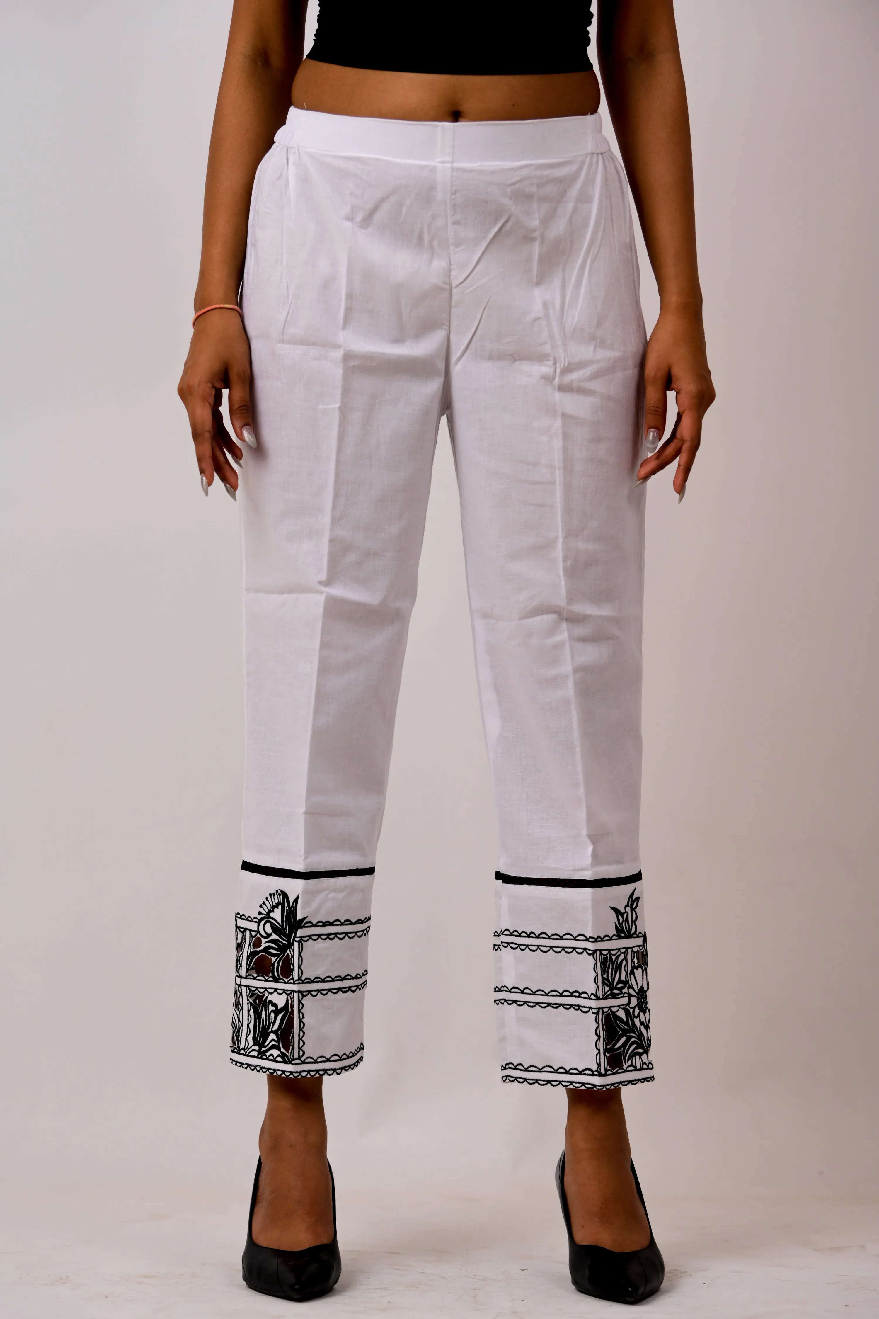 White Checkered Embroidered pants