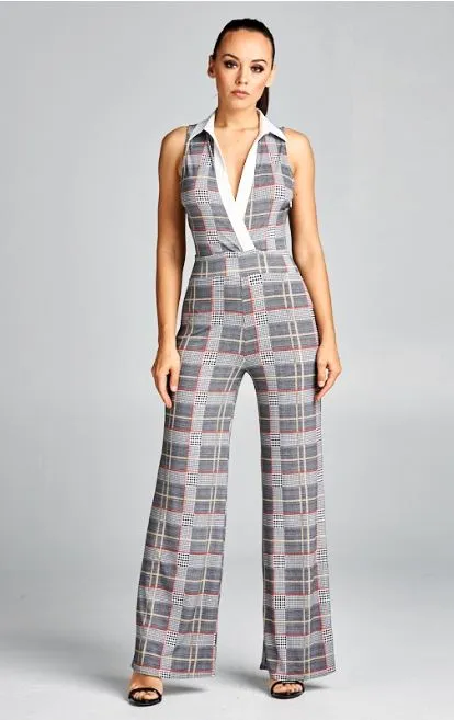 White Collar Plaid Jumpsuit