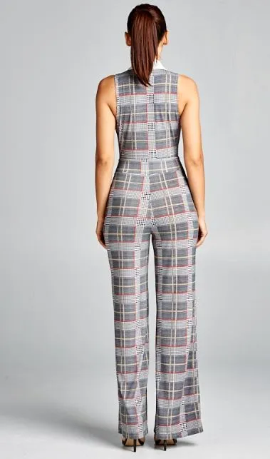 White Collar Plaid Jumpsuit