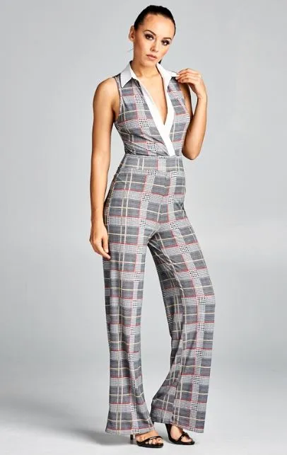 White Collar Plaid Jumpsuit