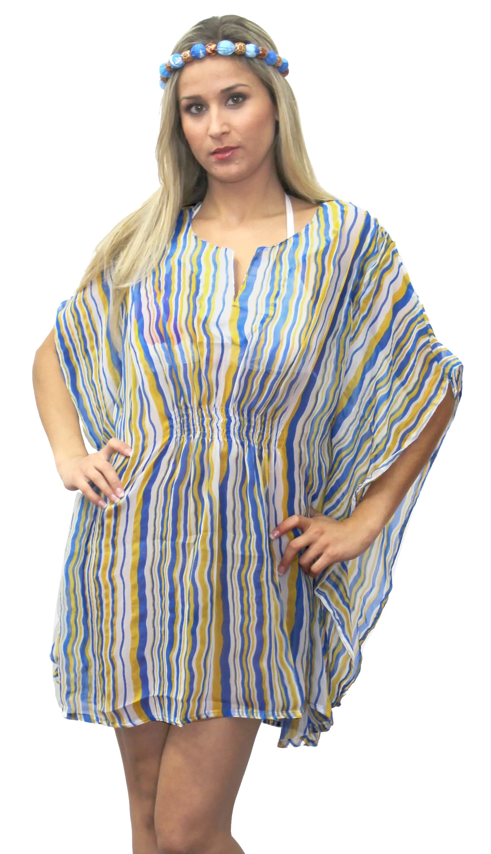 Women Blouse Stripe Printed Beach Swimsuit Bikini Cover up Tank TOP Caftan Blue