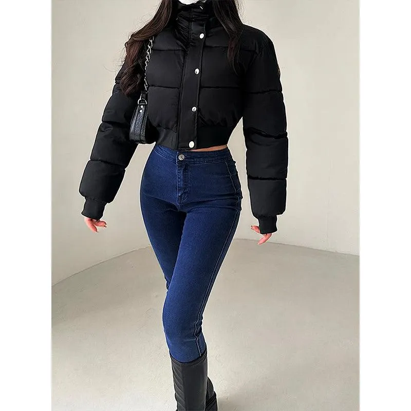 Women's Stylish Stand Collar Quilted Jacket with Elastic Waist and Zipper Closure