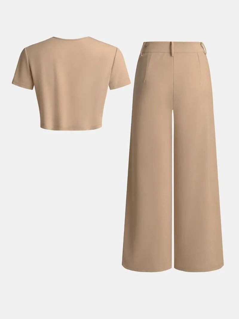 YOZY round Neck Crop Tee & Wide Leg Solid Button Pants Set/ Casual Short Sleeve Crop T-Shirt & High Waist Trousers Matching Set, 2024 Women'S Daily & Work Wear for Summer